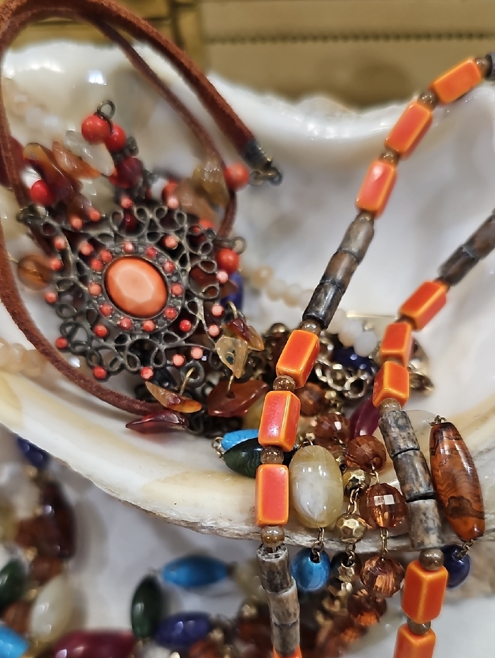 Boho Multi-Color Beaded Necklace with Gold Rose Pendant - Picture 5 of 6